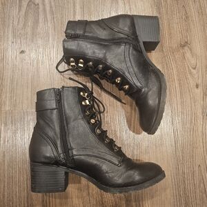 Black Leather Ankle Boots with Gold Accents